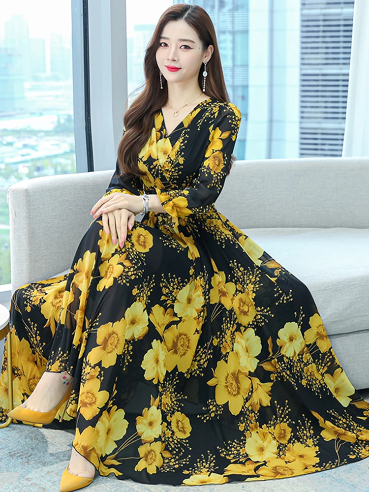 

2023 Spring Casual Chiffon Floral Yellow Fashion Dresses For Women Beach Prom Long Sleeve Elegant Tunics Chic Evening Midi Dress