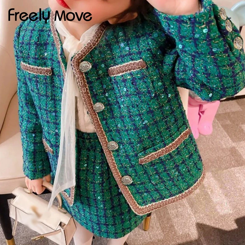 

Freely Move Kids Girls Clothing Sets Spring Autumn New Plaid Sequined Long Sleeve Green Coat+Skirts 2Pcs Children Clothes Suits