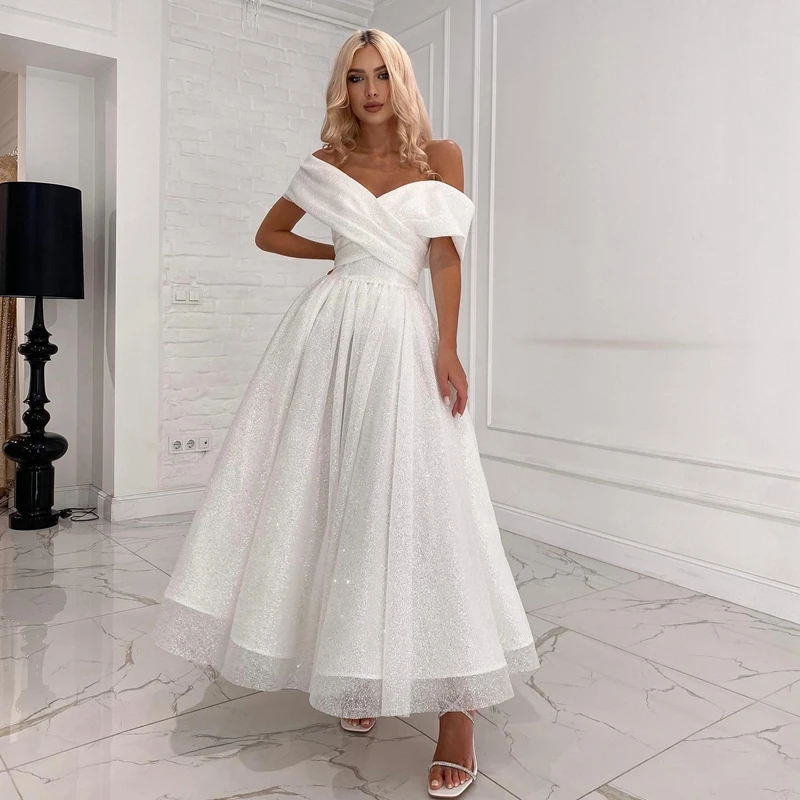 

Off The Shoulder Sparkly Short Wedding Dresses 2023 Simple Glitter Ankel Length Bridal Gown A Line Beach Vestido De Noiva Custom