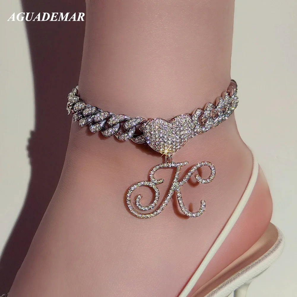 

Trendy A-Z Cursive Letter Name Cuban Link Anklet Bracelet For Women Bling 26 Initial Miami Cuban Ankle Chain Punk Party Jewelry