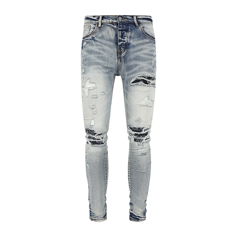 High Street Fashion Men Jeans Retro Blue Skinny Elastic Ripped Jeans Men Stretch Button Fly Patched Trousers Hip Hop Brand Pants