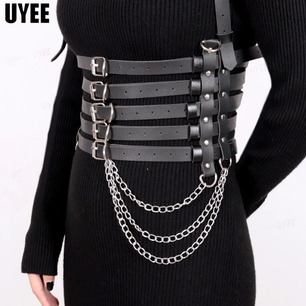 

UYEE Sexy Woman Harness Corset PU Leather Multi Layer Waistband Body Bondage Lingerie Gothic Garter Adjustable Belt Rave Outfit