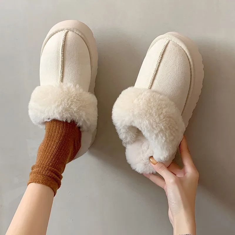 

Thick Fur Luxury Warm Women Shoes Slippers Platform Heels Casual Cotton Occupy Home Slides Boots 2023 New Plush Slides Winter