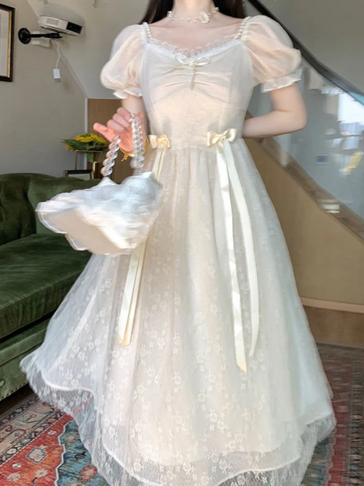 

Cute Japanese Girl Lolita Style Princess Dress Square Collar Beaded Design Bow Fairy Dress Puff Sleeves Woman Mesh Chic Dress