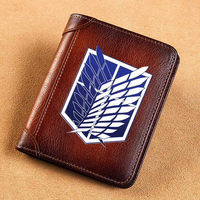 

High Quality Genuine Leather Men Wallets Attack on Titan Sign Printing Short Card Holder Purse Luxury Brand Male Wallet