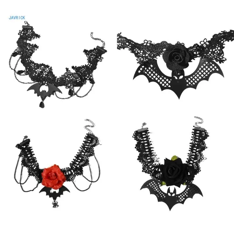 

Goth Bat Flower Specter Pendant Choker Necklace for Women Elegant Adjustable