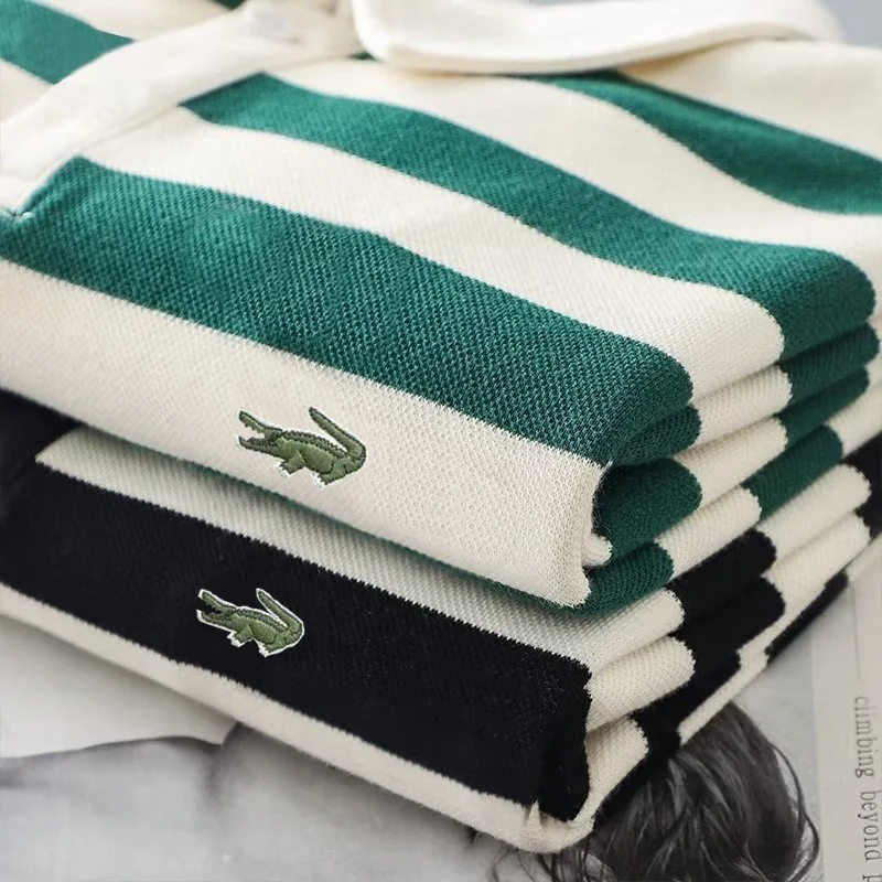 

Новинка, Мужская и Женская Полосатая Рубашка-Поло, летняя футболка-поло с вышивкой, повседневный топ с коротким рукавом