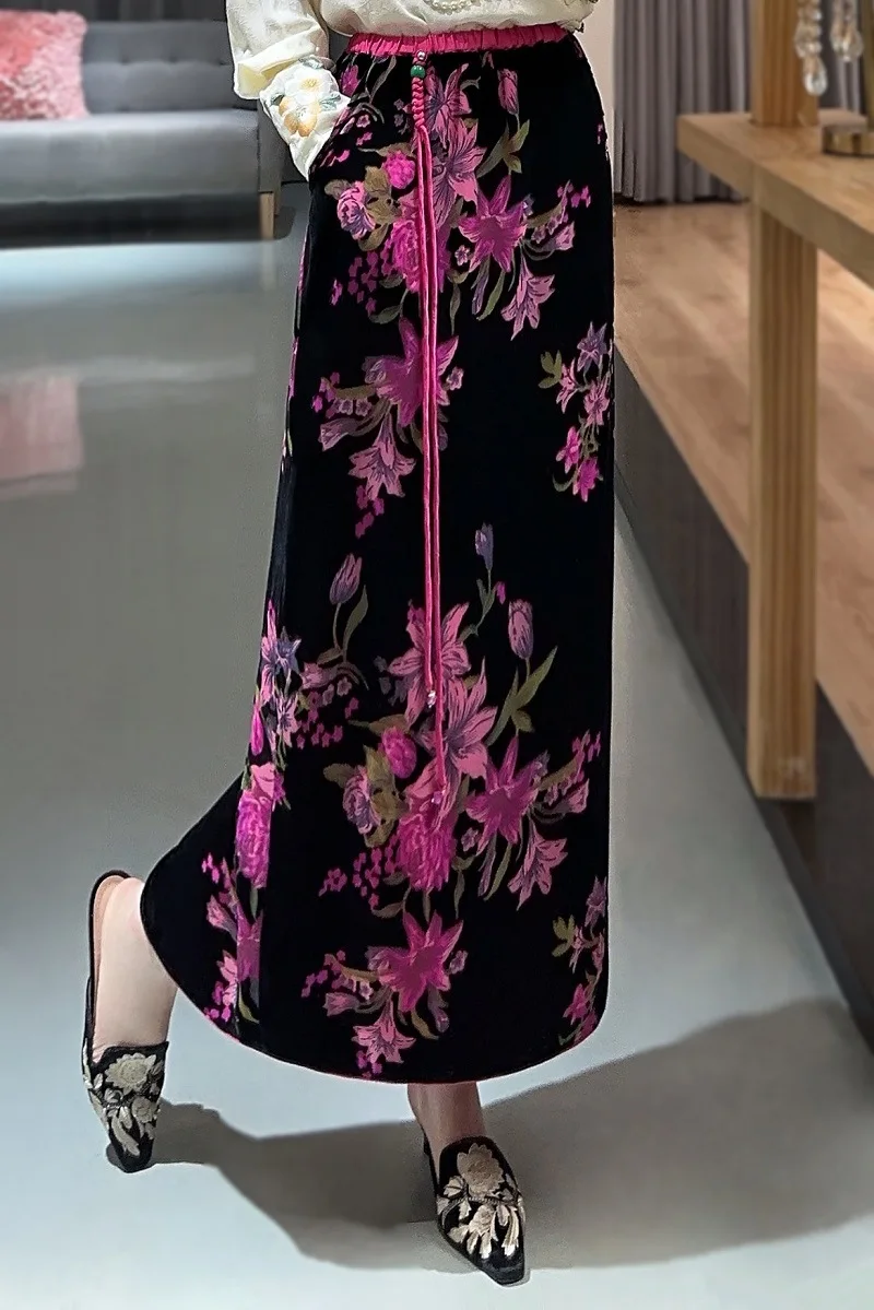 Высококачественная осенне-зимняя юбка в винтажном китайском стиле бархатная