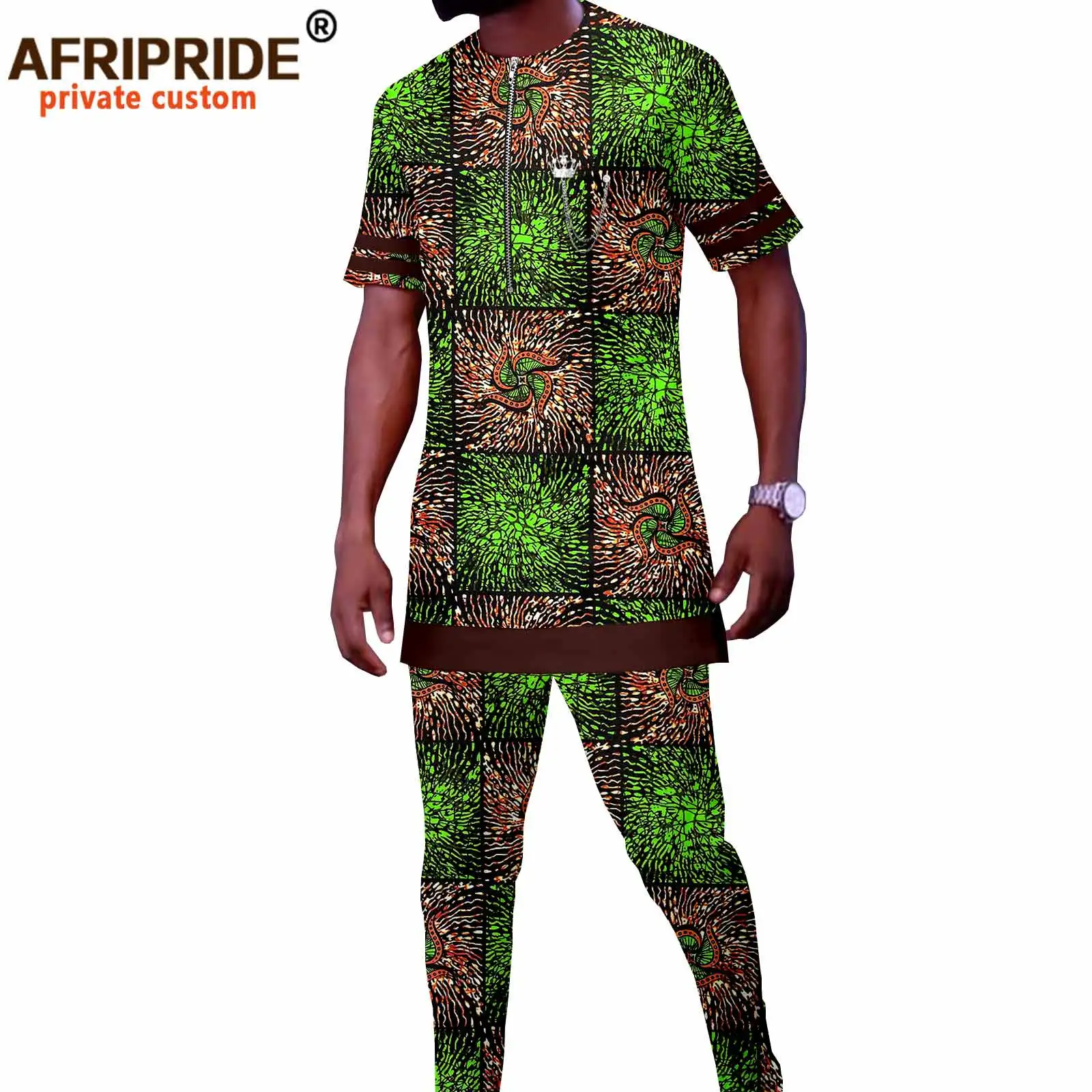 Tracksuit Men Dashiki African Clothing Short Sleeve Zip Blouse with Chains Print Shirts and Ankara Pants 2 Piece Set  A2116027
