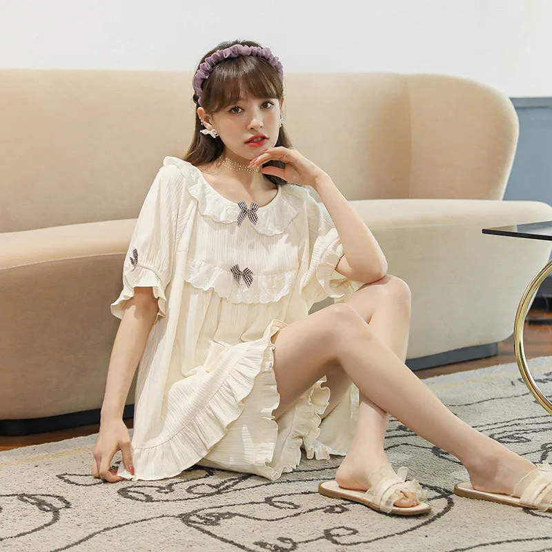 

Summer New Cotton Women Nightwear Female Loose Casual Pajamas Lady Short Sleeve And Shorts Sleepwear Cartoon Homewear
