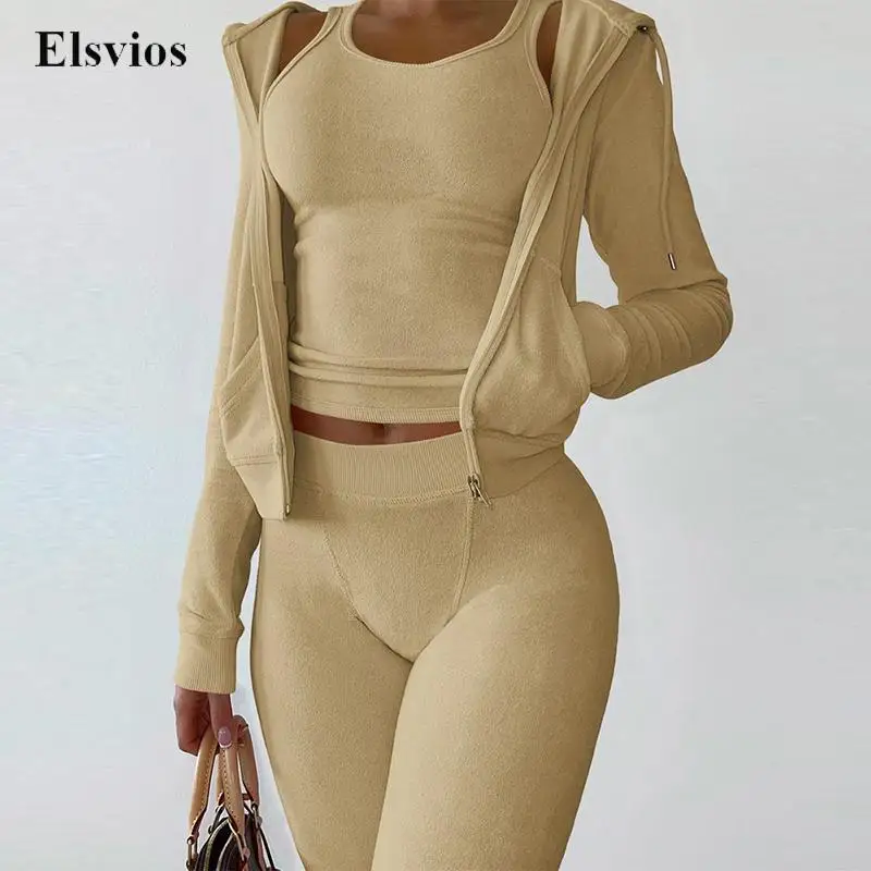 

Casual Rib Knitted Vest+Hooded Coat+Pants 3pc Suits Autumn Winter Fleece Outfits Sportswear Sexy Skinny Slim Women Tracksuit Set