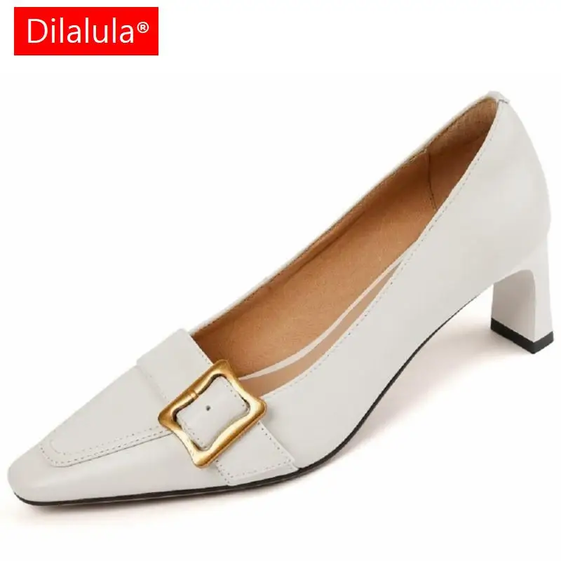 

Dilalula Retro Women Pumps Genuine Leather Square Toe High Heels Work Shoes Female Dress Buckle Shoes Woman 2023