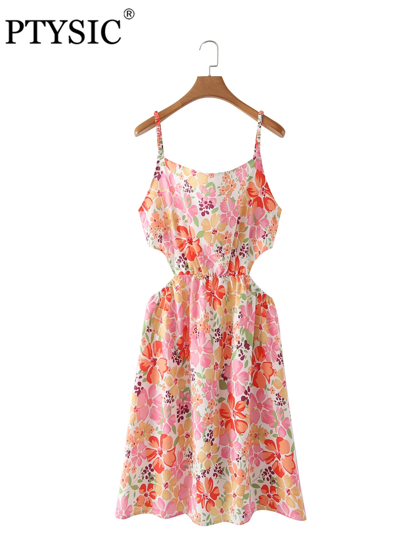 

Стильное женское мини-платье с цветочным принтом и боковой талией, с вырезами и лямкой на шее, летнее пляжное платье с завязкой на спине, 2022