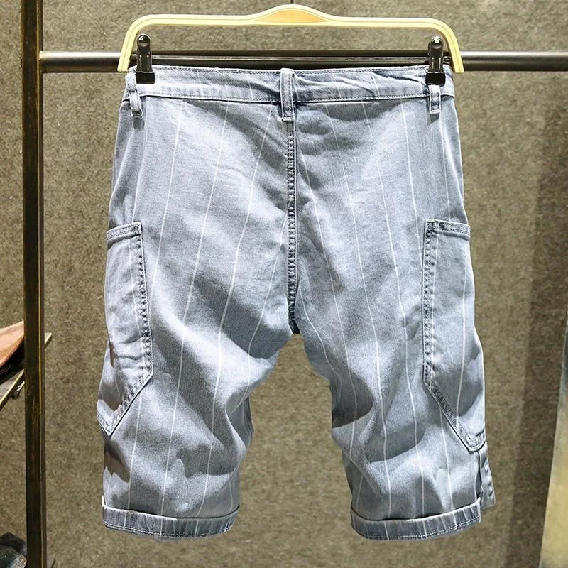 Мужские летние джинсовые шорты в полоску облегающие укороченные брюки бриджи с