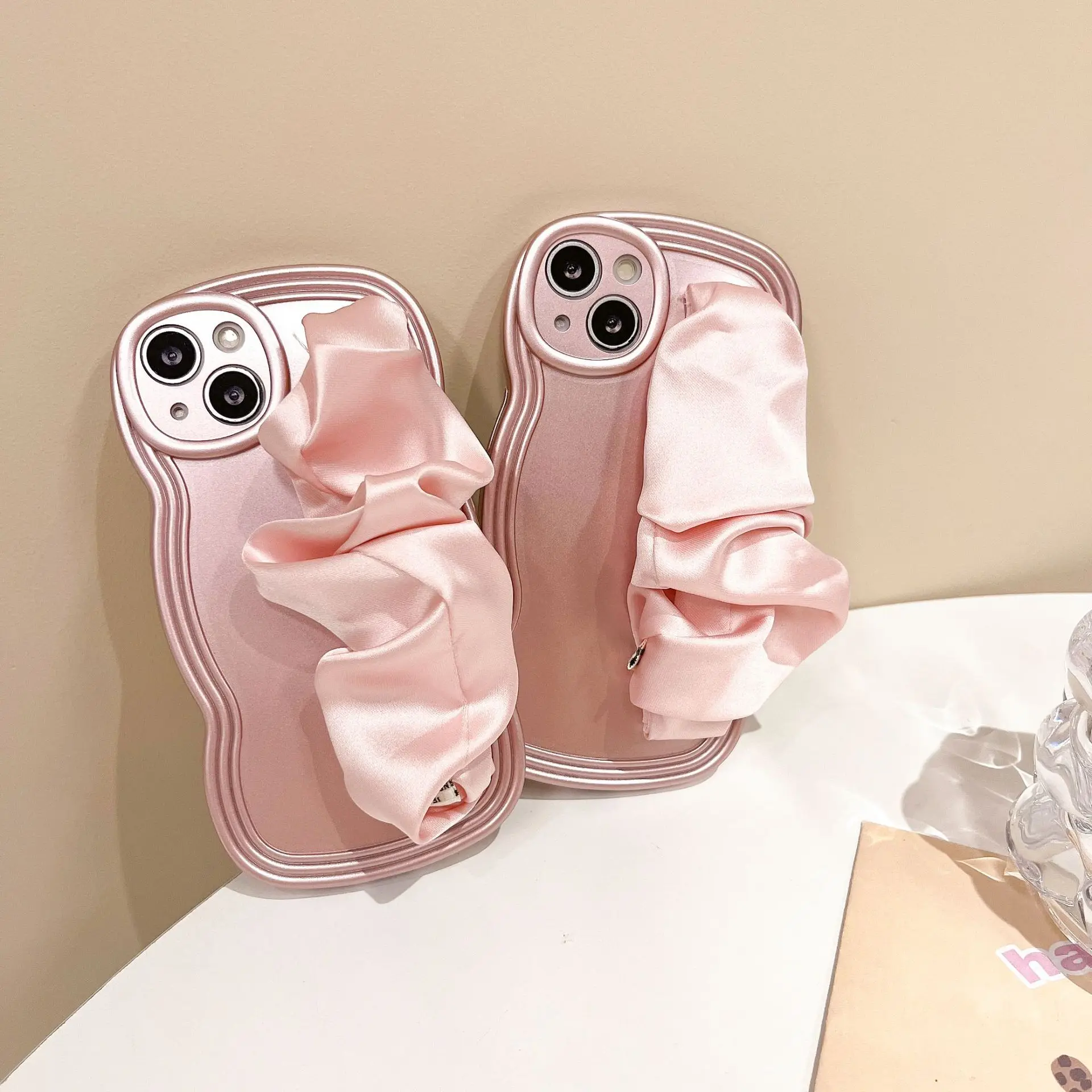 Розовый Шелковый чехол для телефона с шарфом девушек iPhone 15 15Pro 14 13 12 11 Pro x xs Max xr