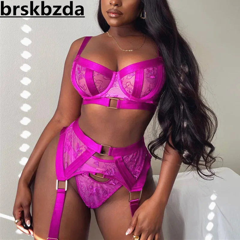 

Изящное нижнее белье Brskbzda, красивый кружевной роскошный костюм из 3 частей, сексуальное порно, нижнее белье, женское тело, фиолетовый прозра...
