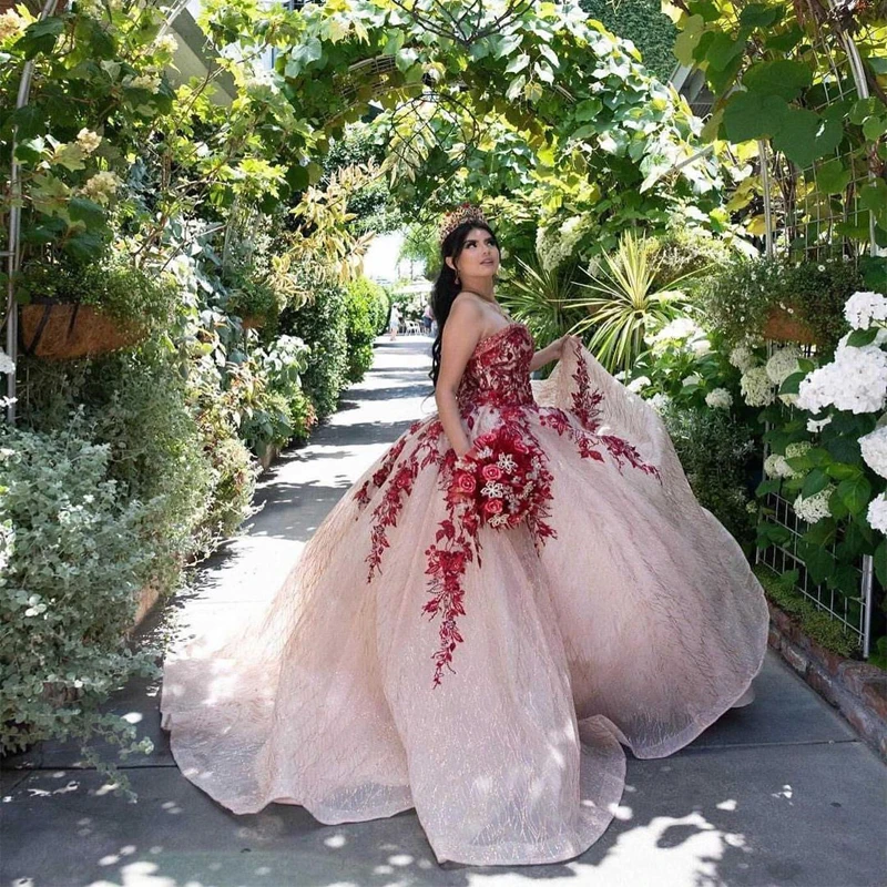 

Burgundy Flowers Quinceanera Dresses Sweet 16 Ball Gown 2021 Off The Shoulder Lace Appliques Pageant Party Princess With Lace-Up