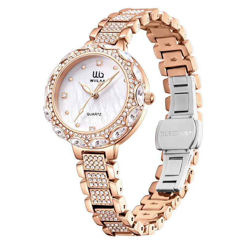 WIILAA Luxury Brand Watch For Women Full Diamond Steel Band Rose Gold Quartz Wristwatch Clock Ladies Watches Relogio Feminino enlarge