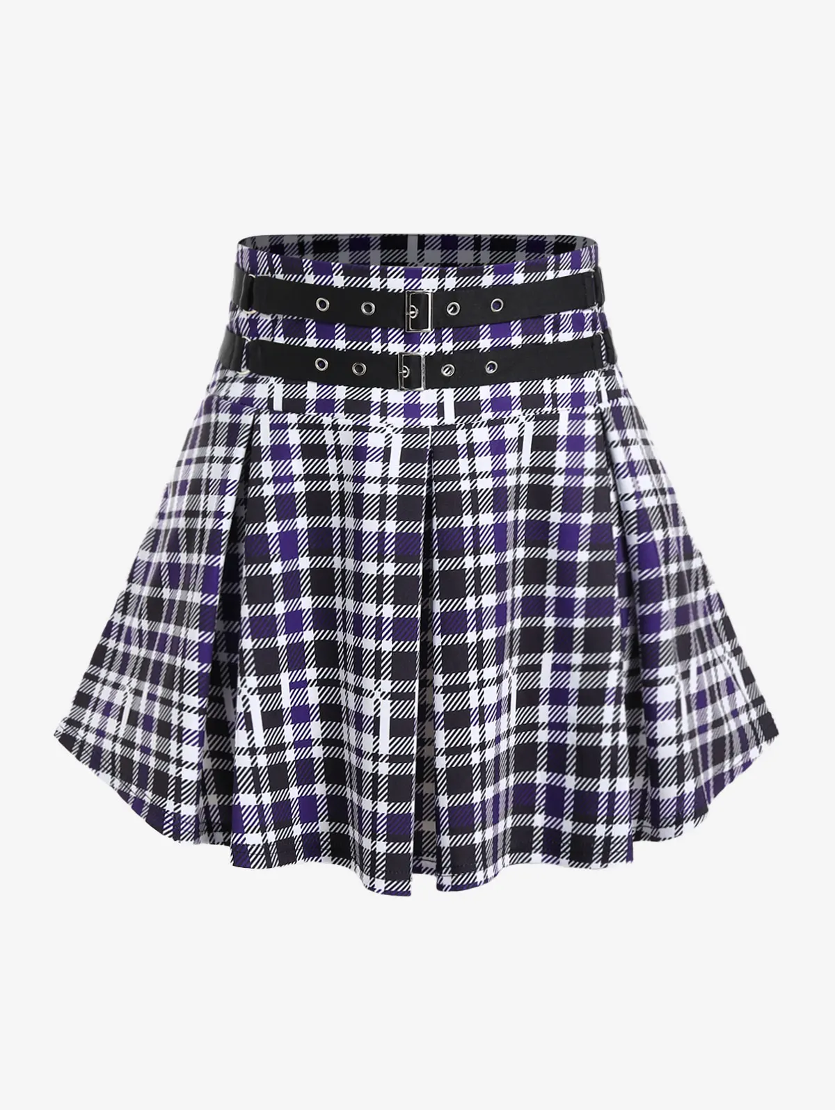 

ROSEGAL Mini Pleated Skirts Plus Size Checked Buckle Grommets Plaid Detail Skirt Ladies Elastic Waist Streetwear Basics Bottoms