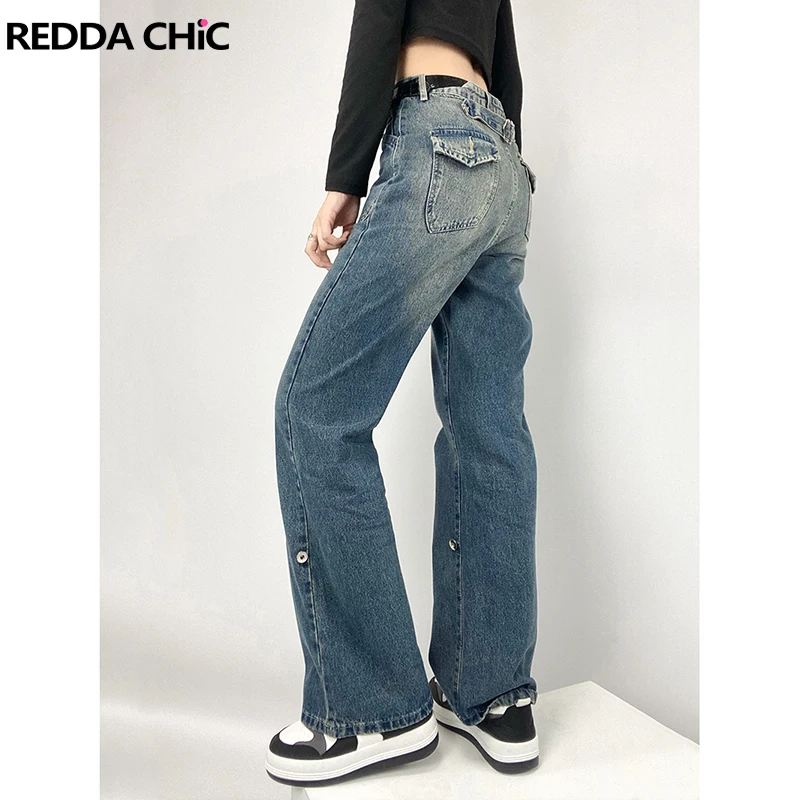 

ReddaChic Women Cargo Pants 90s Vintage Blue Baggy Jeans Korean Streetwear Loose Mom Jeans High-waist Straight Ladies Trousers