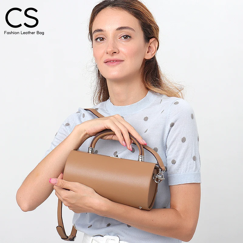 CS Women Round Top Handle Barrel-shaped Hand Carry Box Bag Genuine Leather Cowhide Metal Lock Frame Messenger Handbag Ladi Purse