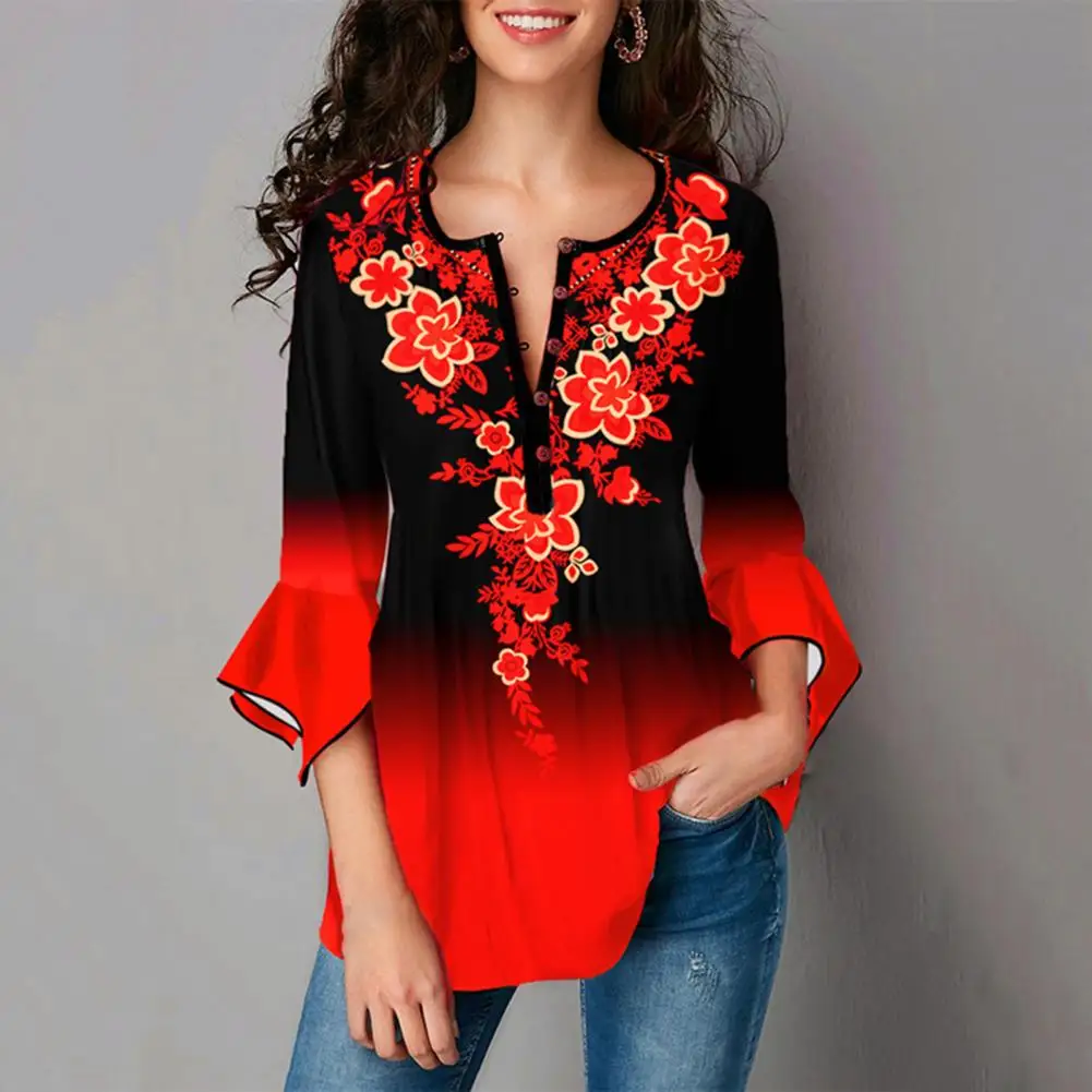 

Stylish Printed Pullover Women Round Neck Spring Autumn Gradient Color Printing Round Neck T-shirt Vintage Shirt Comfy