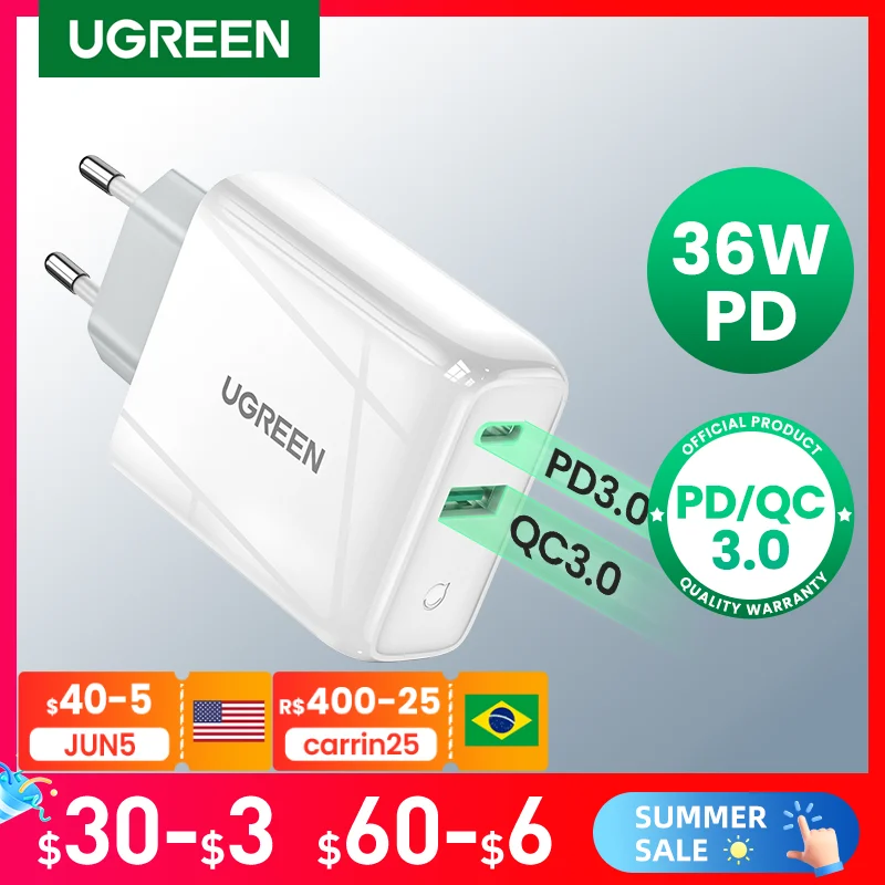 

Ugreen 36W Quick Charge 3.0 4.0 USB PD Charger QC 3.0 Charger for iPhone 13 12 8 Phone Wall USB Type C Charger for Huawei Xiaomi