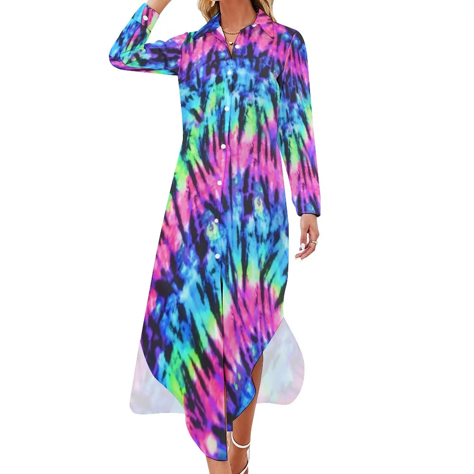 

Повседневное платье с забавным принтом, стильные платья с красочным принтом, привлекательное шифоновое платье с V-образным вырезом и длинным рукавом, большие размеры