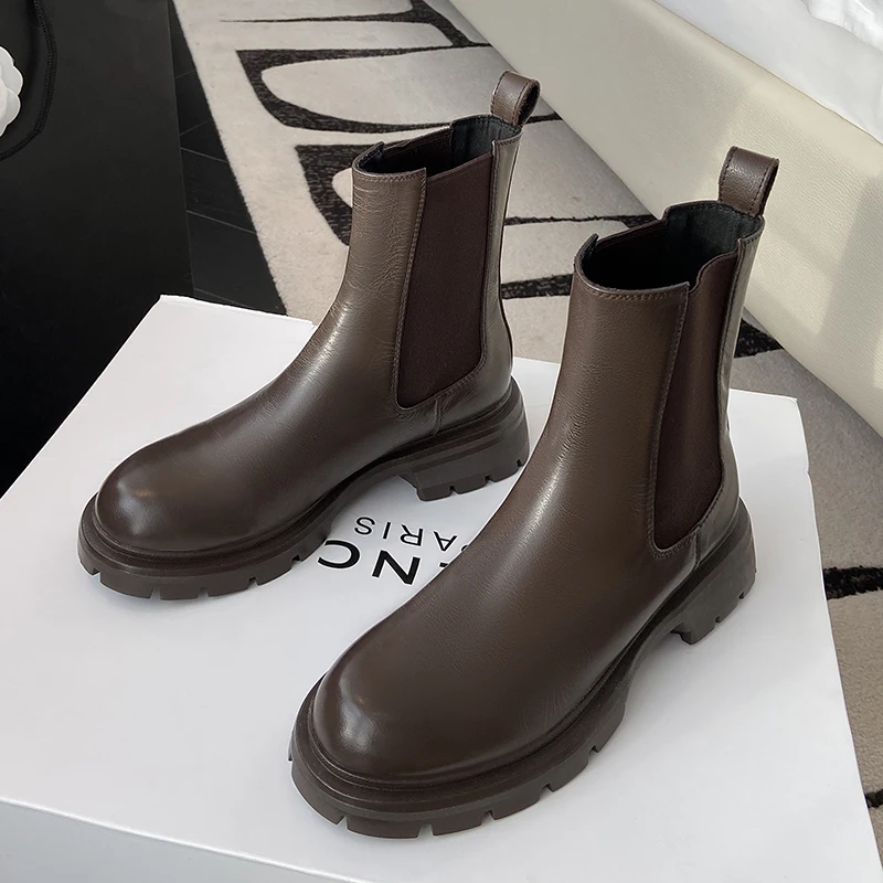 Women Ankle Boots Outdoor Casual Platforms Boots 2022 Autumn Winter New Fashion Concise Genuine Leather Thick Heels Shoes Woman