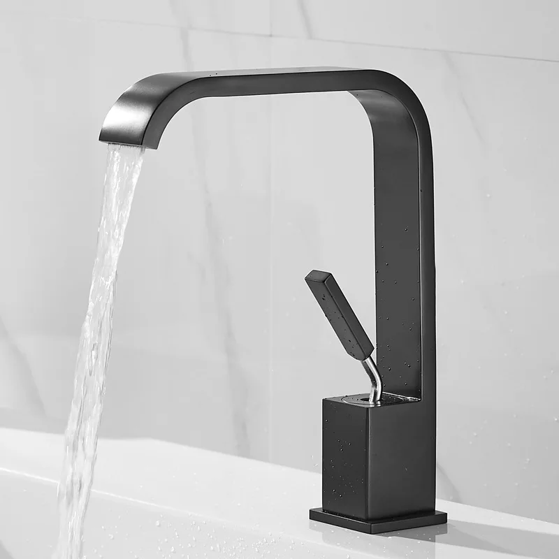

Luxury Single Handle Bathroom Hot Cold Faucet Deck Mounted Square Bath Mixer Tap One Hole Black Lavatory Taps