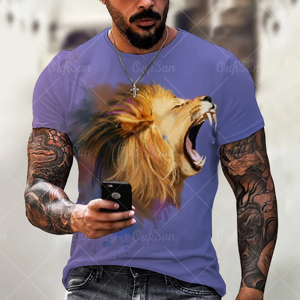 

Casual Youth Street Shirt 6xl Summer New Male Shirt O-neck Short Sleeve Lion Animal 3d Printing