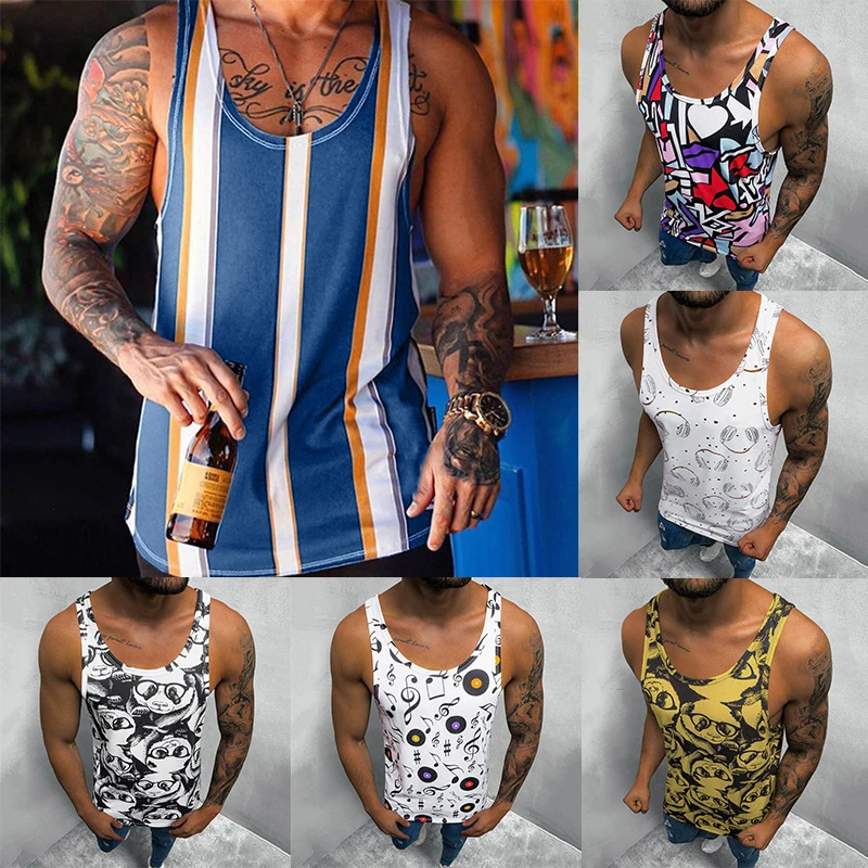 

Mens Tank Top Summer Fitness Sportwear Bodybuilding Tee Sleeveless T-shirt Gym Vest Fashion Printed Casual Gym Tees Singlet