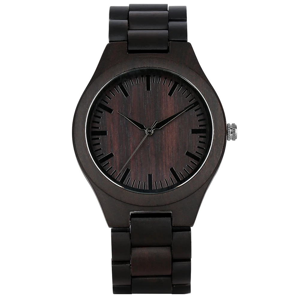 

Vintage Ebony Wood Men's Watch Quartz Movement Minimalist Black Round Dial Full Wooden Wristband Folding Clasp Male Watches