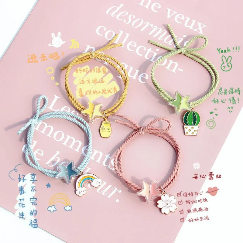 

2pcs Fashion Cute Rainbow Hair Ring Female Tie Rope Korean Elastic Rubber Hair Bands Sakura Hair Clip Childrens Hair Accessories