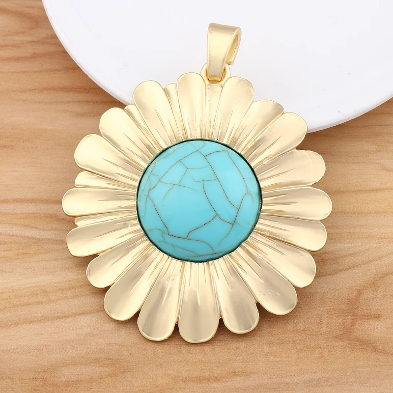 

1 Piece Matt Gold Color Large Sunflower Faux Turquoise Stone Charms Pendants for DIY Necklace Jewelry Making Finding Accessories