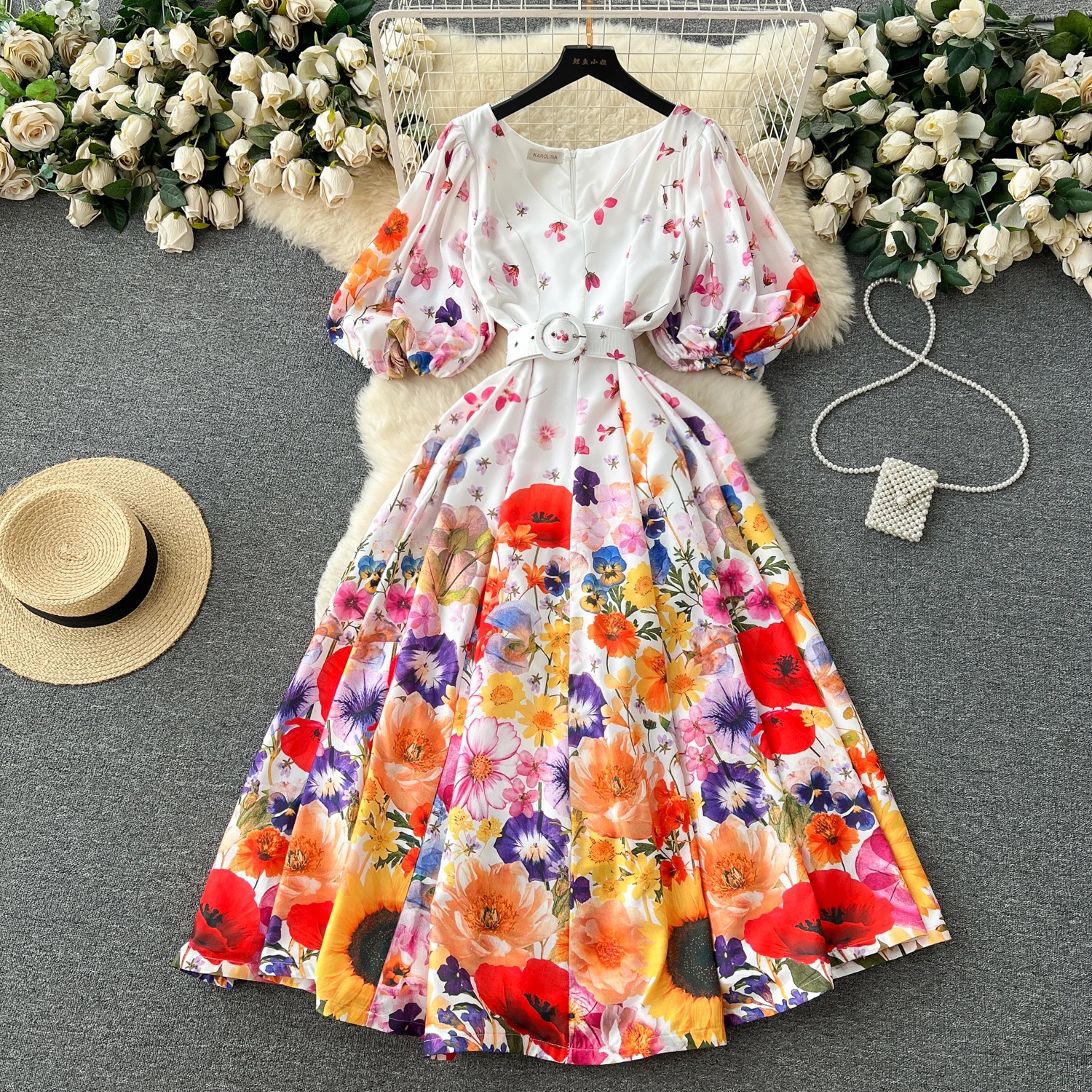 French Retro Palace Style V-neck Puff Sleeve Printed Dress Women's Clothing 2023 Summer Waist Slimming A-line Long Skirt