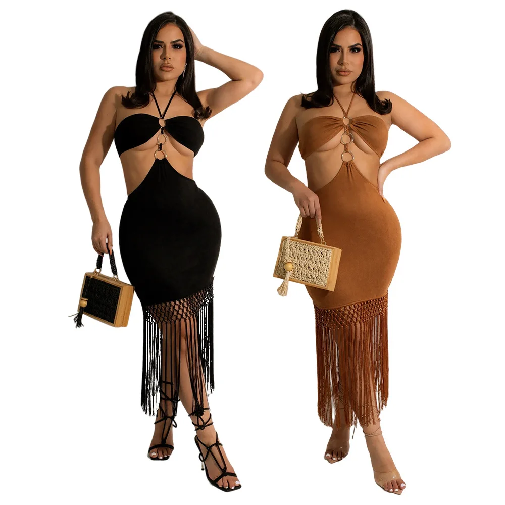 

Sexy Halter Neck Cut Out Solid Color Fringed Midi Dress