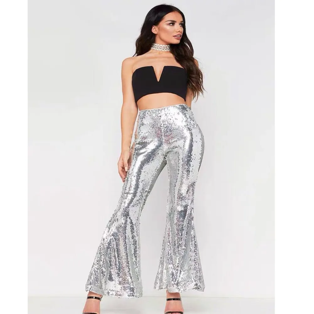

Women Sexy Sequin High Waisted Fitted Leg Wide Flare Bell Bottom Stretch Nightclub Party Club Bling Trousers Pants