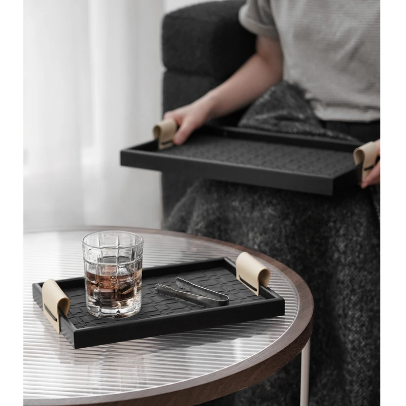 

Luxury Black Grey Leather Fragrance Tray, Advanced Storage Tray, Living Room, Tea Table Decoration