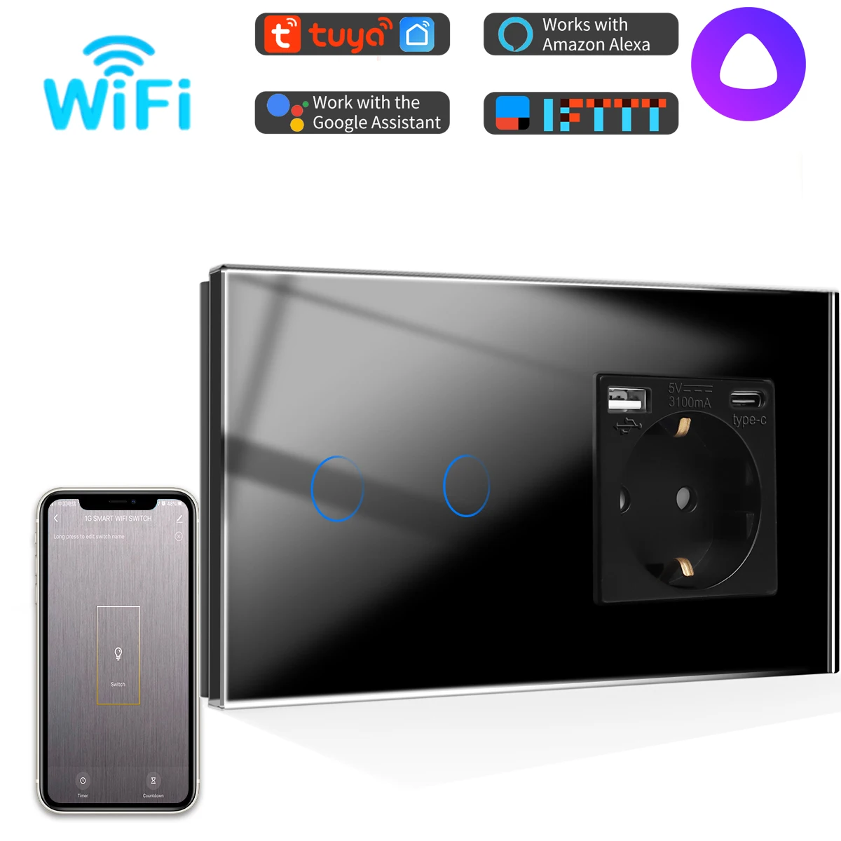 

Умный сенсорный выключатель Bingoelec с розеткой USB Type-C