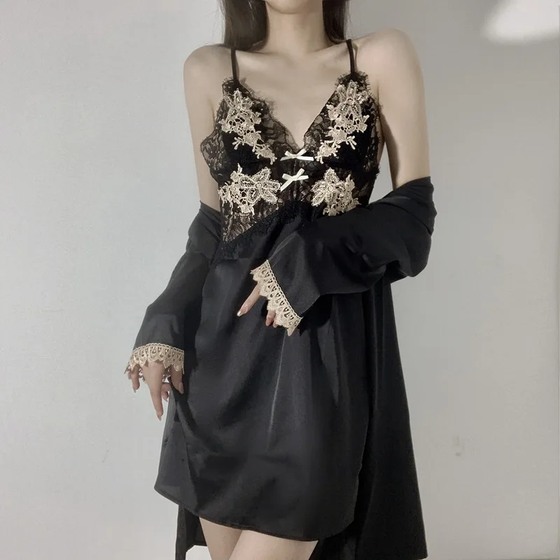 

Сексуальный женский комплект ночной рубашки, кимоно, халат, Лоскутная кружевная ночная рубашка на бретелях, одежда для сна, Повседневная ат...