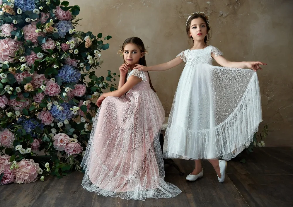Кружевные платья для девочек с цветочным 3D аппликацией и рукавами-крылышками |