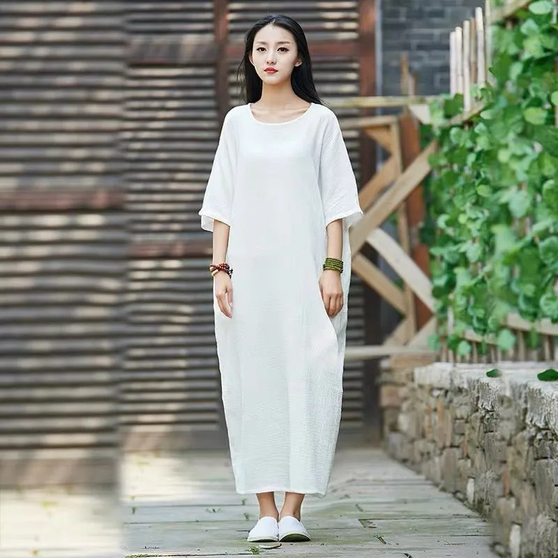 

Women Cotton Linen Long Dress Summer Autumn Vintage Loose Soft Dress Simple Batwing Sleeve Casual Dress 13 Color Chic Vestidos