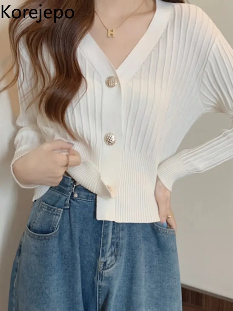 

Корейский элегантный вязаный кардиган, женская верхняя одежда с длинным рукавом и V-образным вырезом, короткий свитер в стиле Instagram на осень ...