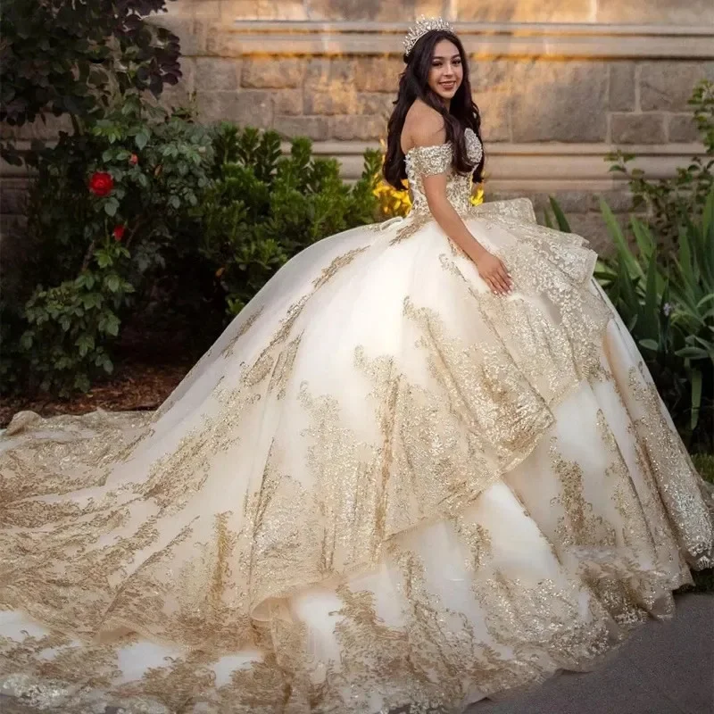 ANGELSBRIDEP платье принцессы Quinceanera цвета шампанского золотого с открытыми плечами