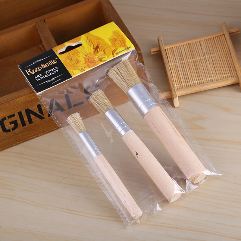 

3PCS Set Wooden Stencil Brush Chalk Paint Natural Pure Hog Bristle brush Round Oil Painting Detail Brushes