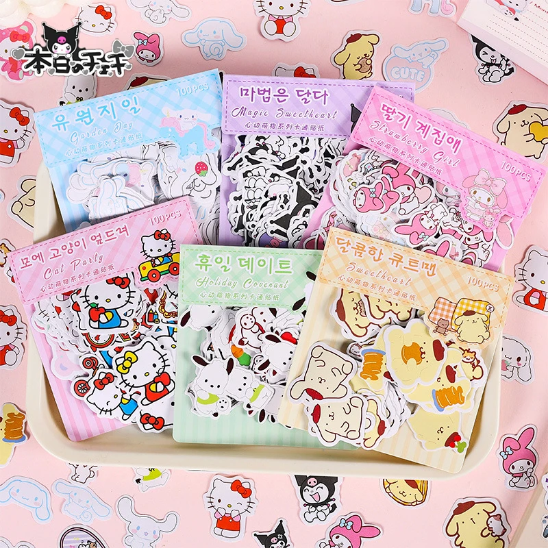 

100 листов, милые наклейки Sanrio в стиле аниме Kuromi Cinnamoroll, милая искусственная кожа, аксессуары для украшения, игрушки для девочек