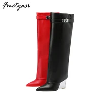 genuine leather women knee high boots pointed toe metal decoration wedge heel boots transparent crystal sole party female shoes
