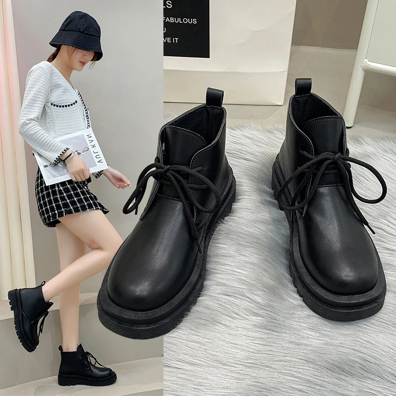 

Женские ботильоны в британском стиле, осенне-зимние черные ботинки на платформе со шнуровкой в стиле ретро
