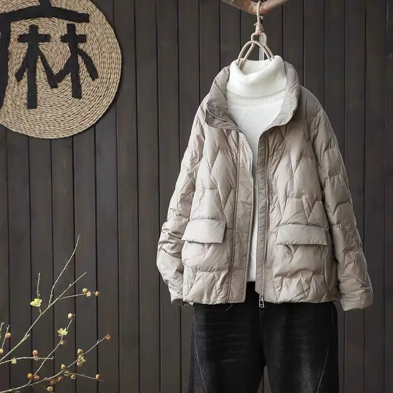 Women's 2023 New Winter Korean Style Solid Loose White Duck Down Coats Fashion Vintage Casual Female Long Sleeve Jackets C58